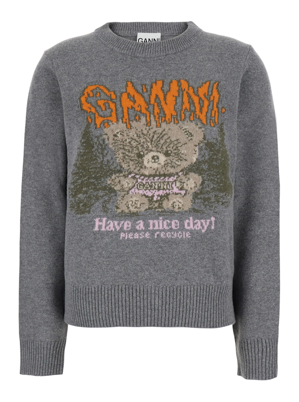 Ganni Women Gray Crew Neck Sweater With Maxi Graphic On The Front In Blend Wool Women