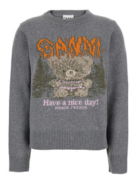 Ganni Women Gray Crew Neck Sweater With Maxi Graphic On The Front In Blend Wool Women