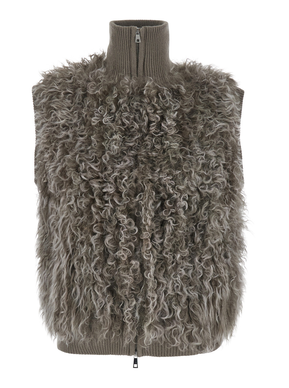 P.A.R.O.S.H. Women Beige Sleeveless Jacket With High Collar And Applied Fur In Wool For Women