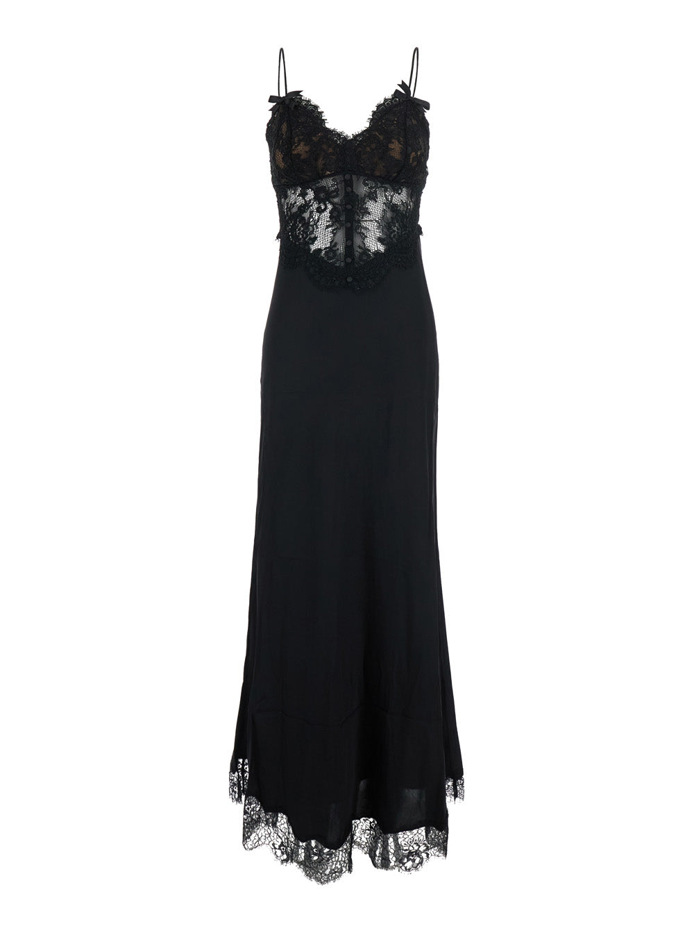 Self-Portrait Women Black Long Dress With Lace Embroidery And Spaghetti Straps In Fabric For Women
