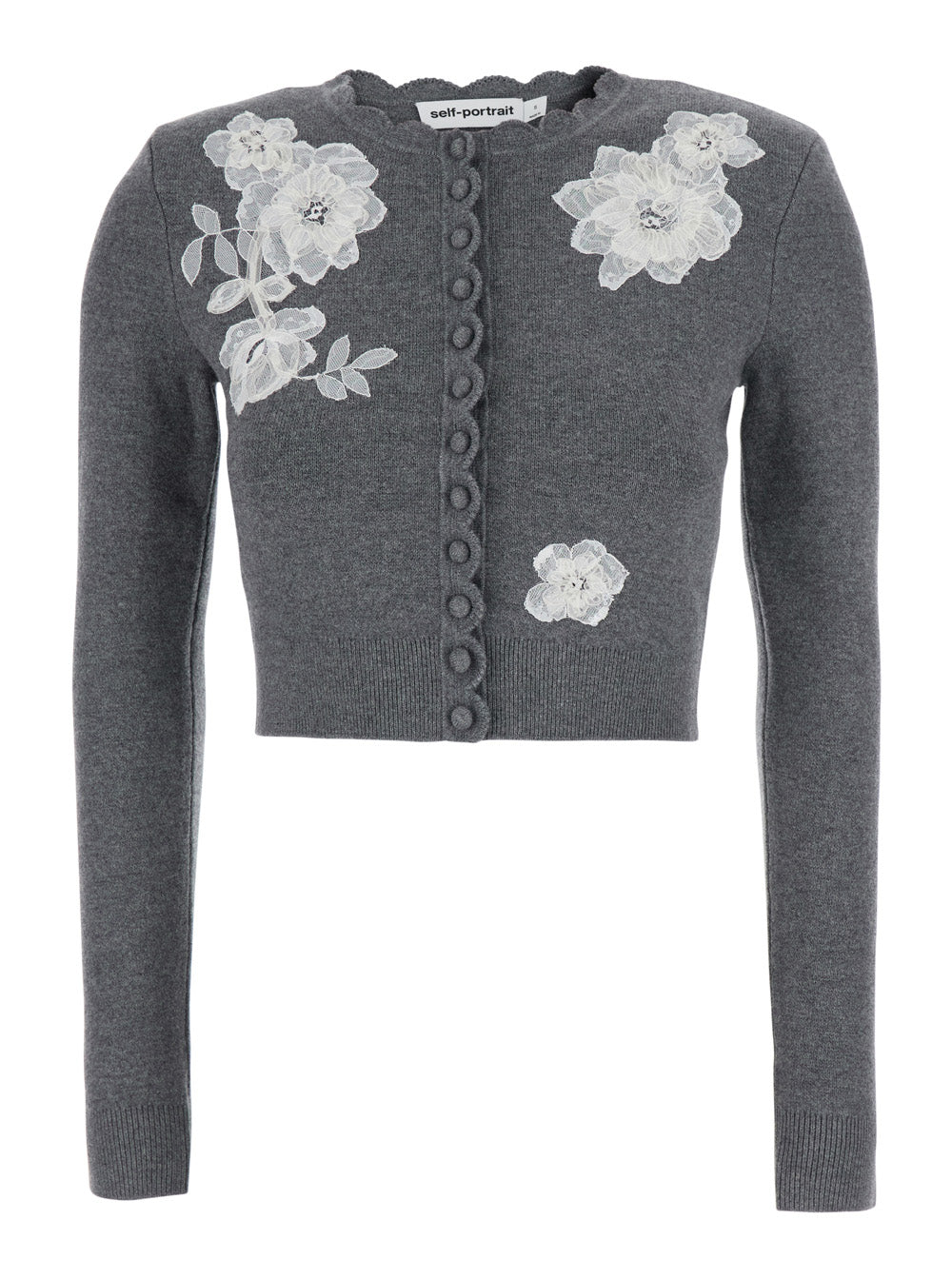 SELF-PORTRAIT Self-Portrait Women Grey Cardigan With Embroidered Floral Lace Details In Wool For Women