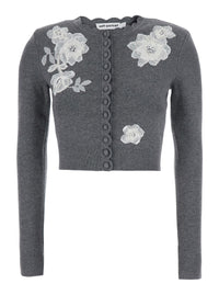 SELF-PORTRAIT Self-Portrait Women Grey Cardigan With Embroidered Floral Lace Details In Wool For Women