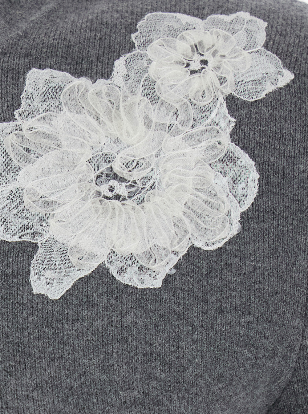 SELF-PORTRAIT Self-Portrait Women Grey Cardigan With Embroidered Floral Lace Details In Wool For Women