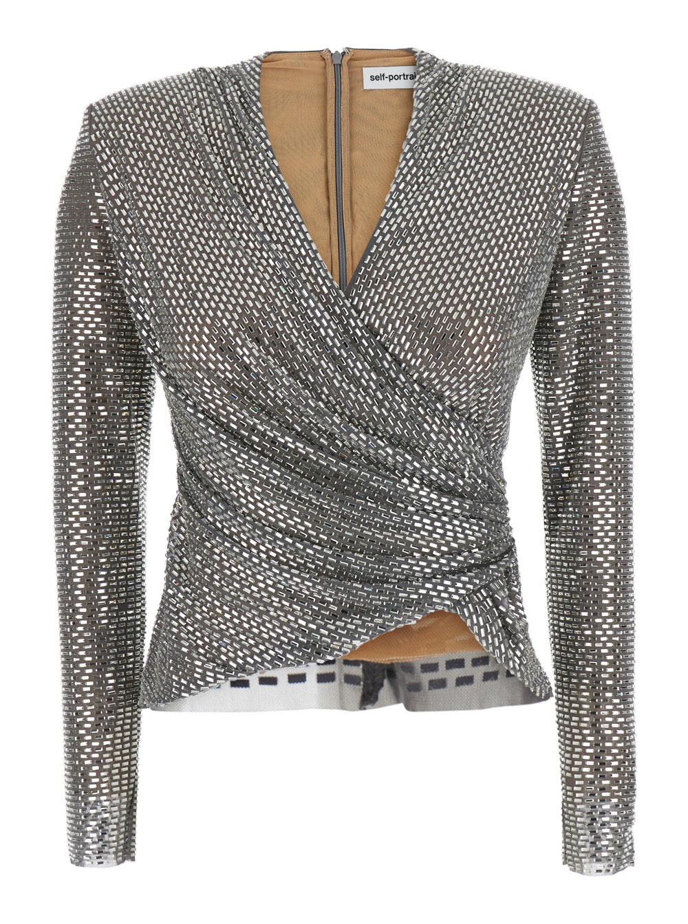 Self-Portrait Women Silver Colored Top With Draping And Applied Jewels All-Over In Tech Fabric Women