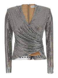 Self-Portrait Women Silver Colored Top With Draping And Applied Jewels All-Over In Tech Fabric Women