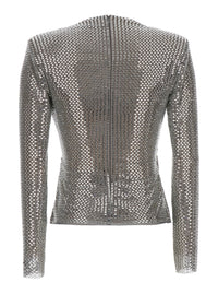 Self-Portrait Women Silver Colored Top With Draping And Applied Jewels All-Over In Tech Fabric Women