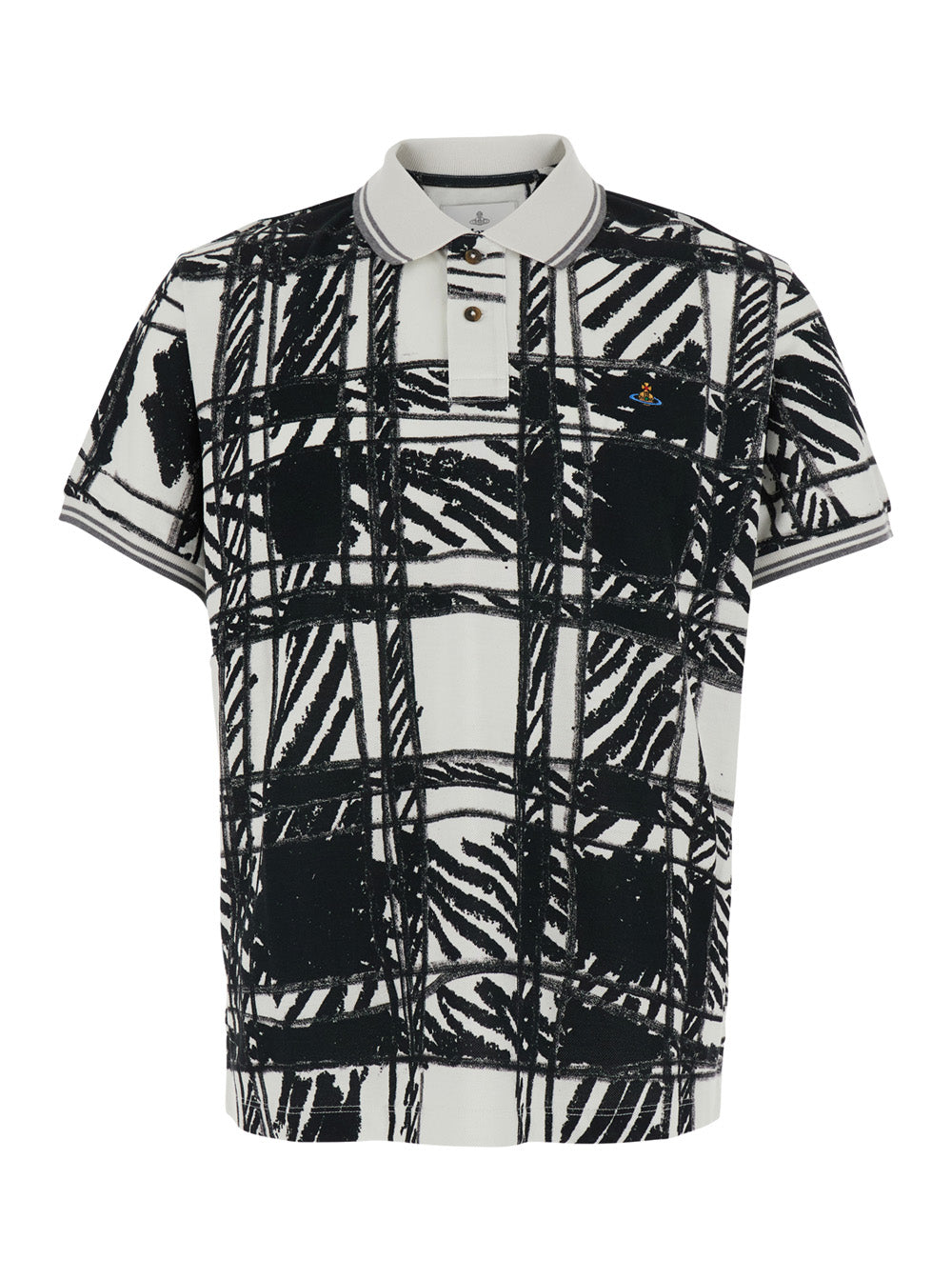 Vivienne Westwood Men Black And White Polo Shirt With All-Over Print And Embroidered Logo In Cotton For Men