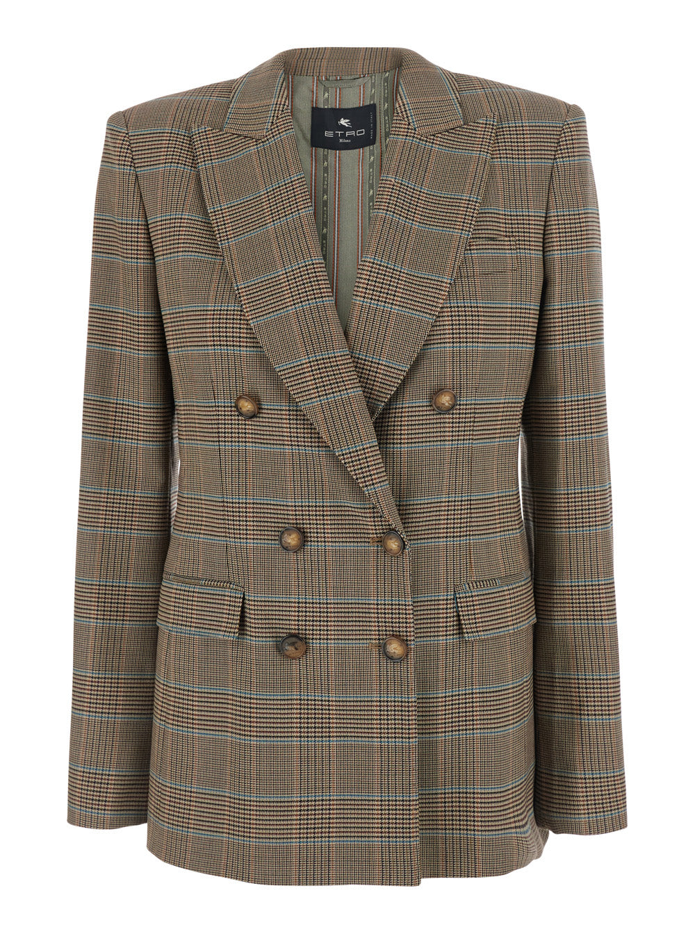 Etro Women Beige Double-Breasted Jacket With Peak Lapels And Check Motif In Wool Blend For Women