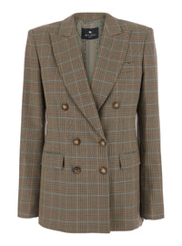 Etro Women Beige Double-Breasted Jacket With Peak Lapels And Check Motif In Wool Blend For Women