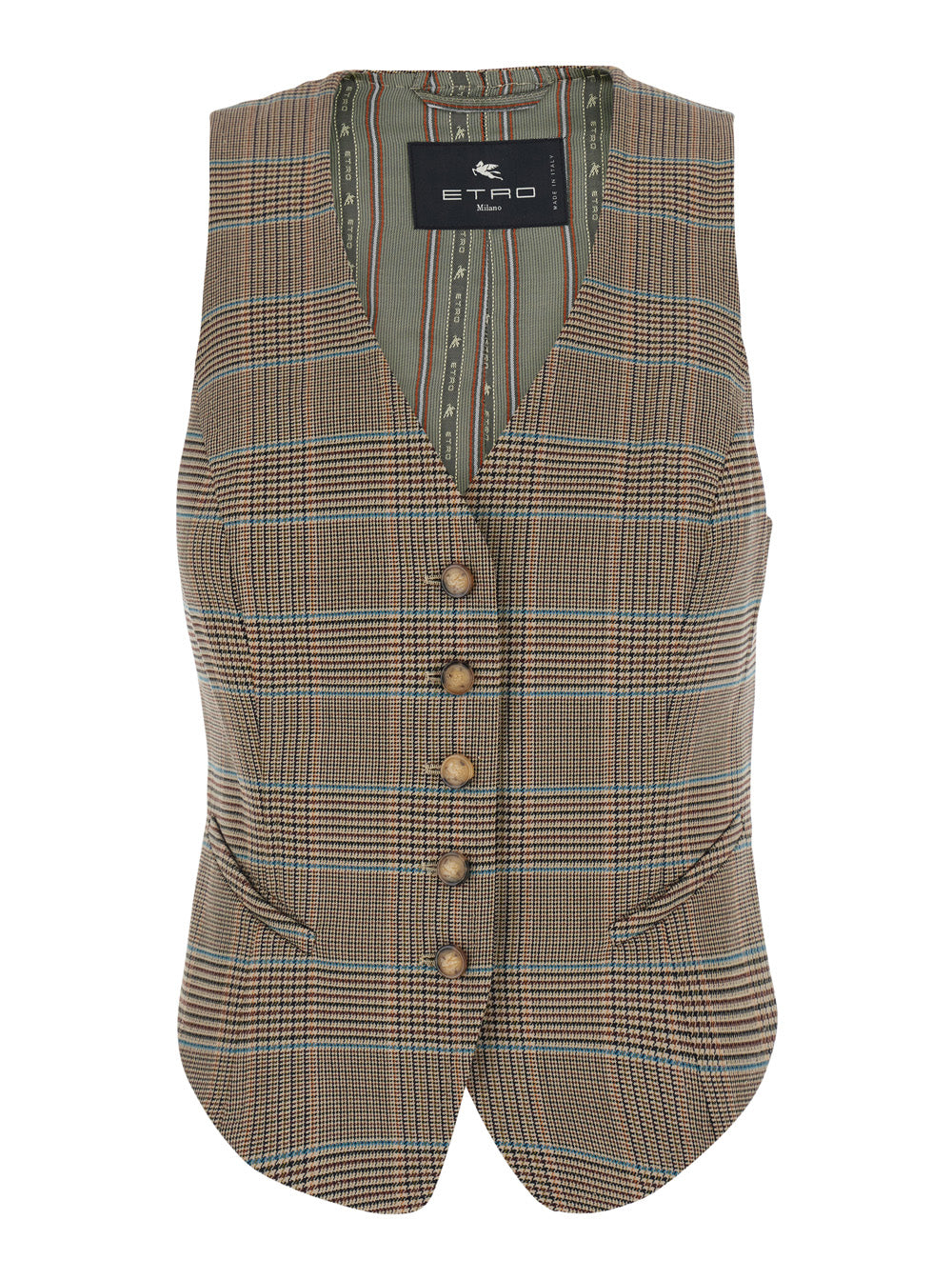 Etro Women Beige Single-Breasted Vest With V-Neck And Prince Of Wales Motif In Blend Wool Women