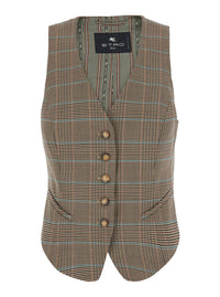 Etro Women Beige Single-Breasted Vest With V-Neck And Prince Of Wales Motif In Blend Wool Women