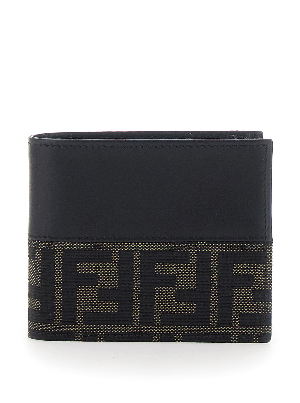 Fendi Men Black Bi-Fold Wallet With Ff Motif In Leather And Fabric For Men