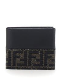Fendi Men Black Bi-Fold Wallet With Ff Motif In Leather And Fabric For Men
