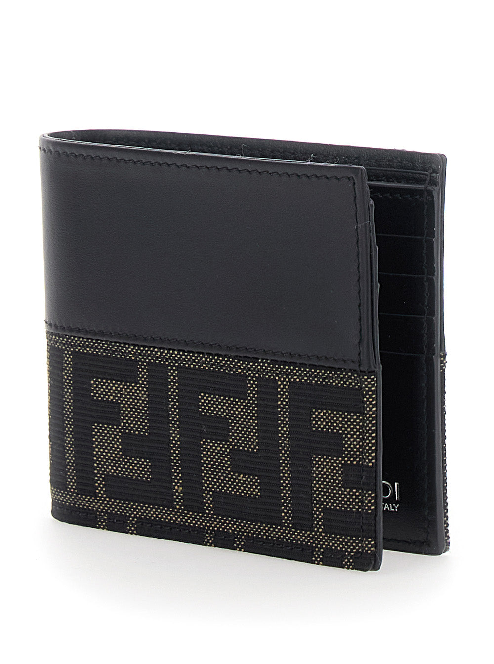 Fendi Men Black Bi-Fold Wallet With Ff Motif In Leather And Fabric For Men