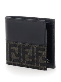 Fendi Men Black Bi-Fold Wallet With Ff Motif In Leather And Fabric For Men