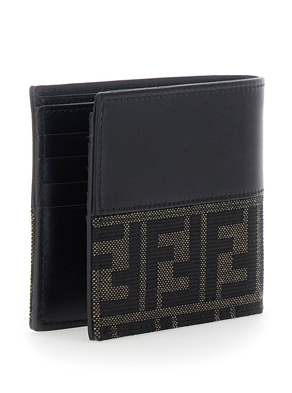 Fendi Men Black Bi-Fold Wallet With Ff Motif In Leather And Fabric For Men