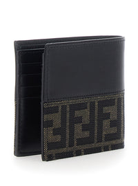 Fendi Men Black Bi-Fold Wallet With Ff Motif In Leather And Fabric For Men