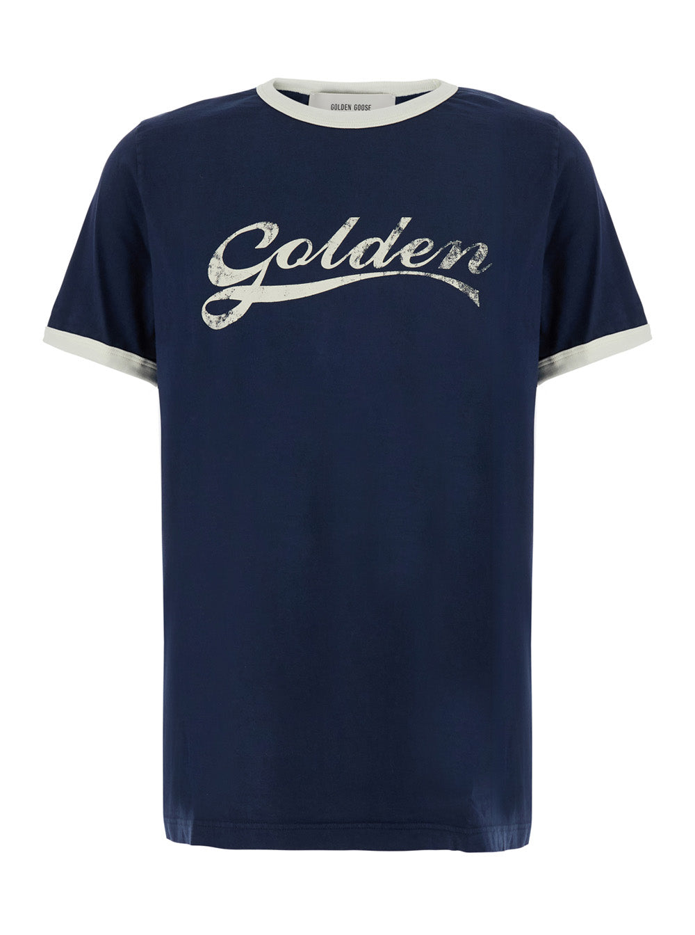 Golden Goose Men Blue Crew Neck T-Shirt With Logo Lettering On The Front In Cotton For Men
