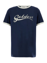 Golden Goose Men Blue Crew Neck T-Shirt With Logo Lettering On The Front In Cotton For Men