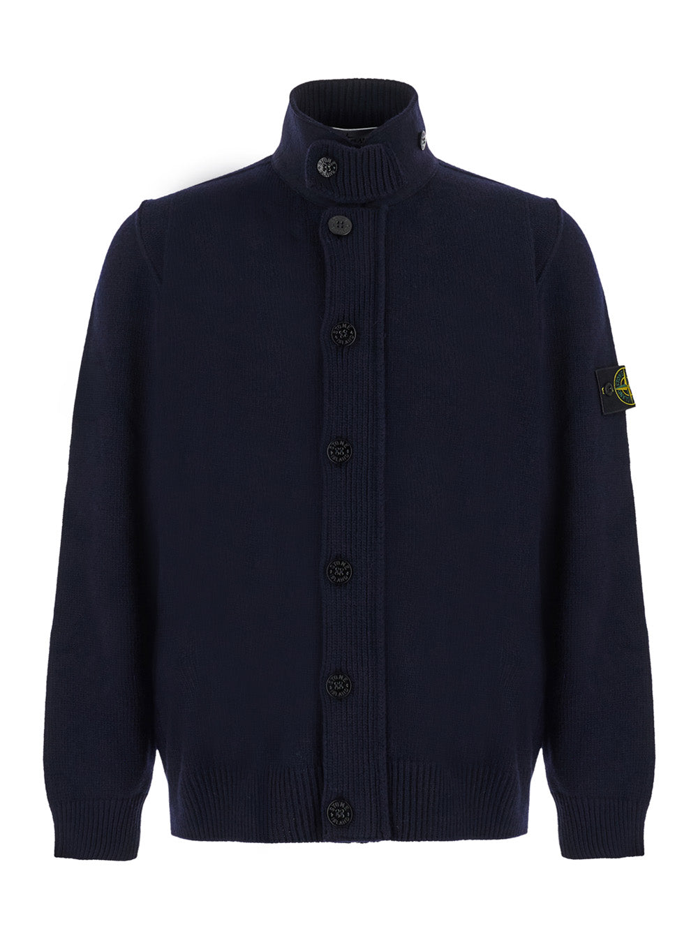 Stone Island Men Blue Cardigan With High Collar And Logo Patch On The Sleeve In Wool For Men