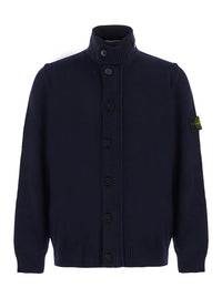 Stone Island Men Blue Cardigan With High Collar And Logo Patch On The Sleeve In Wool For Men