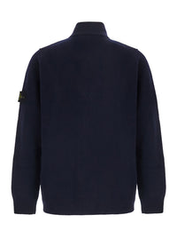 Stone Island Men Blue Cardigan With High Collar And Logo Patch On The Sleeve In Wool For Men