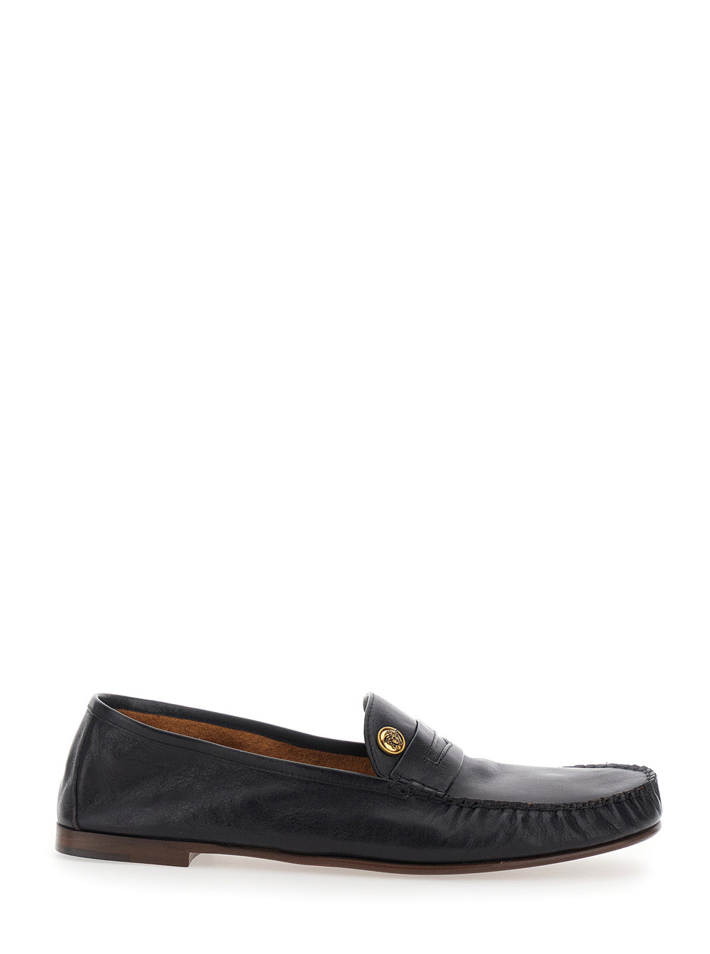 Versace Men Black Loafers With Medusa Plaque In Leather For Men