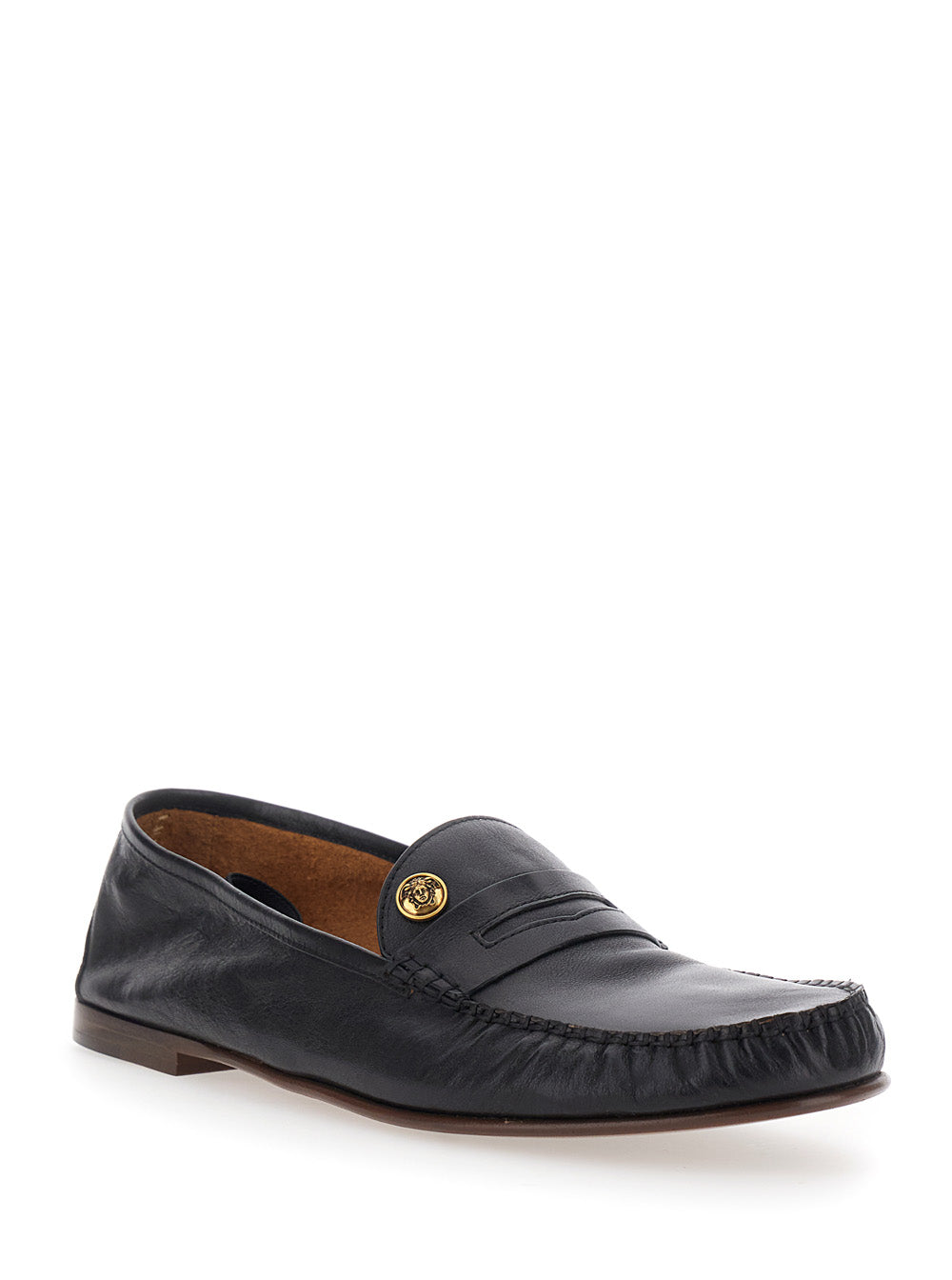 Versace Men Black Loafers With Medusa Plaque In Leather For Men