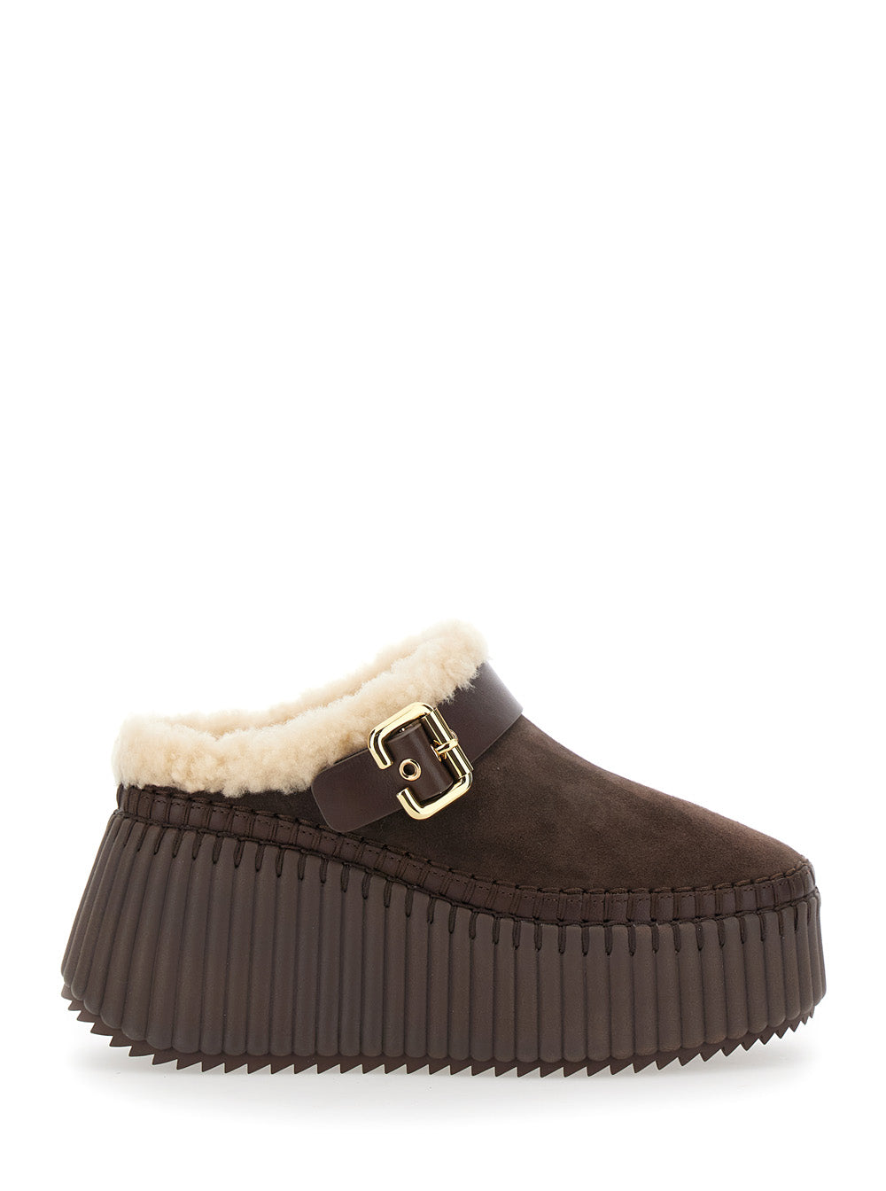 Chloé Women Brown Fur-Lined Mules With Buckled Strap In Suede For Women