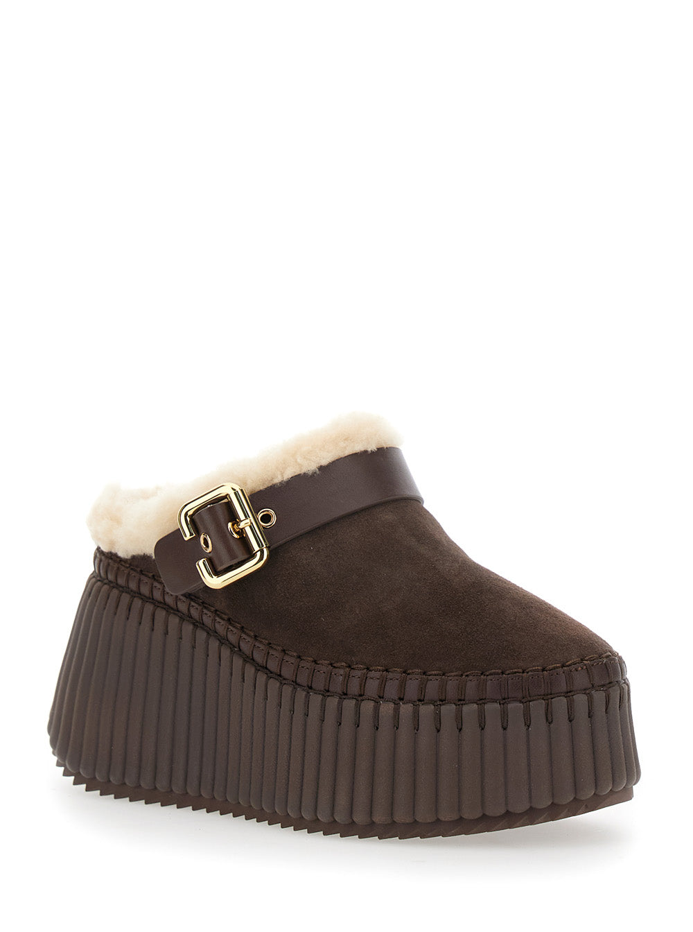 Chloé Women Brown Fur-Lined Mules With Buckled Strap In Suede For Women