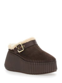 Chloé Women Brown Fur-Lined Mules With Buckled Strap In Suede For Women