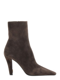 Saint Laurent Women 'Jill' Brown Ankle Boots With Wide Heel With Cassandre And Square Toe In Suede For Women