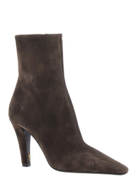 Saint Laurent Women 'Jill' Brown Ankle Boots With Wide Heel With Cassandre And Square Toe In Suede For Women