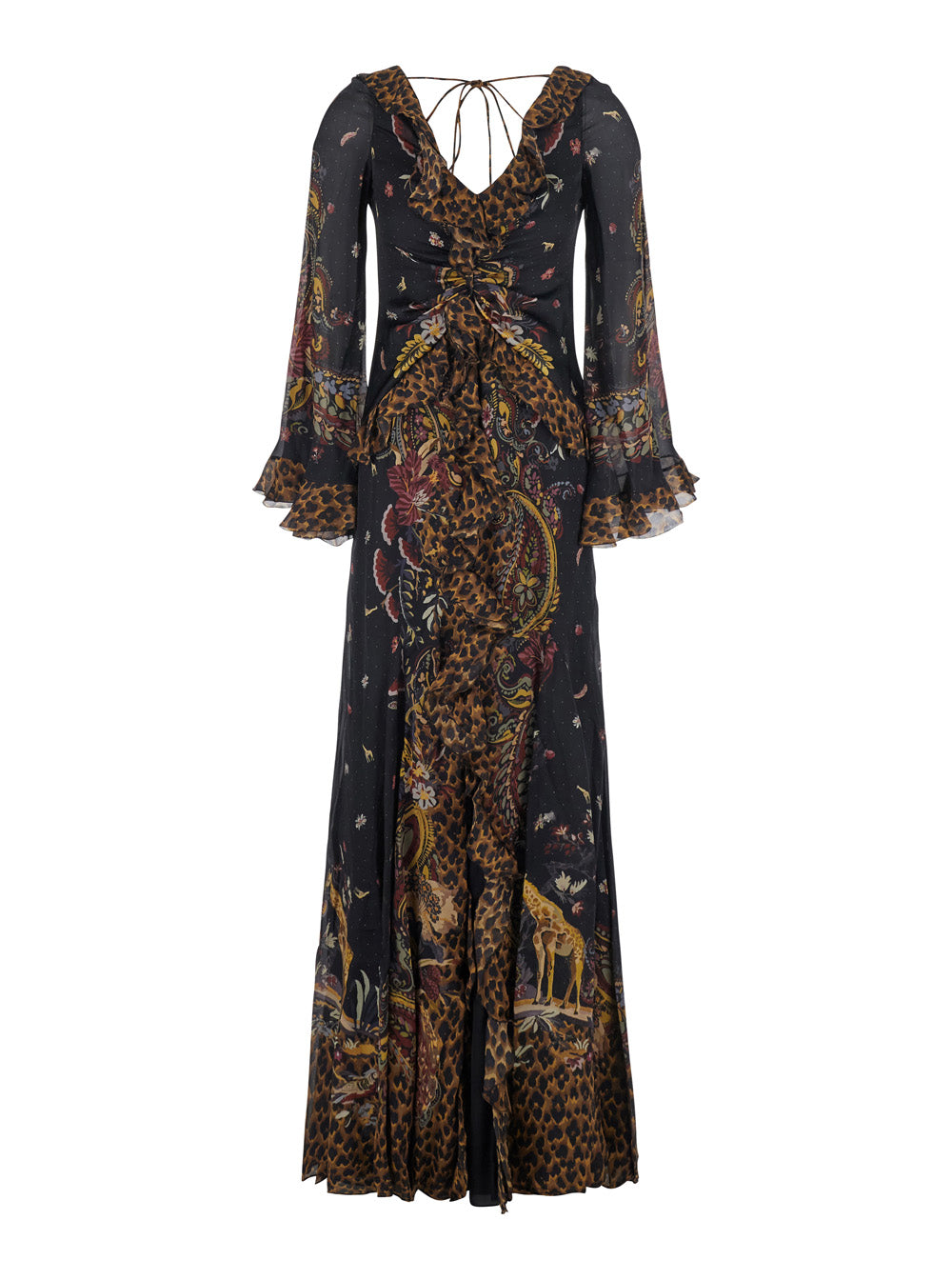 Etro Women Brown Long Dress With V-Neck And Ruffled Sleeves In Tech Fabric Women