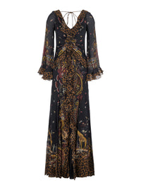 Etro Women Brown Long Dress With V-Neck And Ruffled Sleeves In Tech Fabric Women