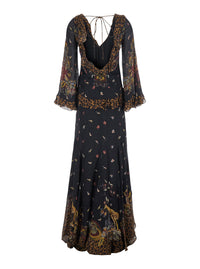 Etro Women Brown Long Dress With V-Neck And Ruffled Sleeves In Tech Fabric Women