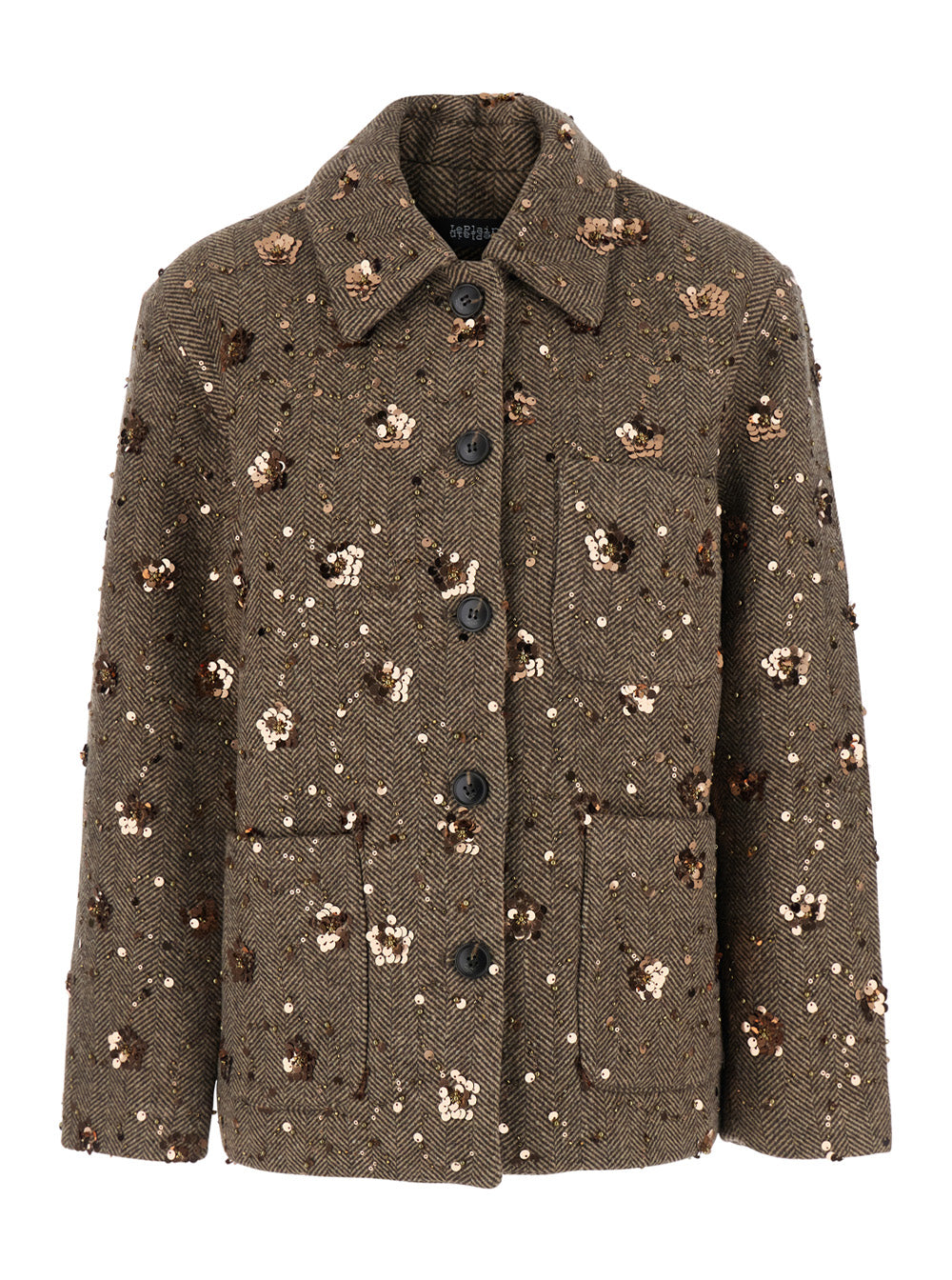 Leplain Women Brown Short Coat With Notched Revers And All-Over Sequins In Fabric And Wool For Women