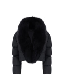 Gucci Women Black Down Jacket With Applied Fur On The Front In Tech Fabric Women