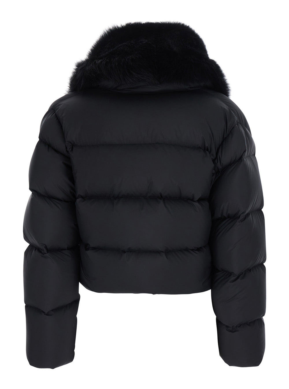 Gucci Women Black Down Jacket With Applied Fur On The Front In Tech Fabric Women