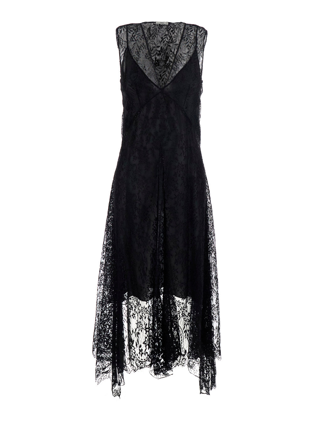 Fendi Women Black Sleeveless Dress With Lace Embroidery In Silk For Women