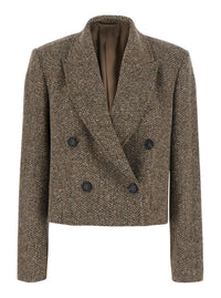 Brunello Cucinelli Women Beige Crop Jacket With Peak Revers In Virgin Wool Blend For Women
