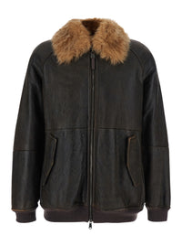 Brunello Cucinelli Women Brown Jacket With Fur Collar And Monil Zipper Pull In Leather For Women