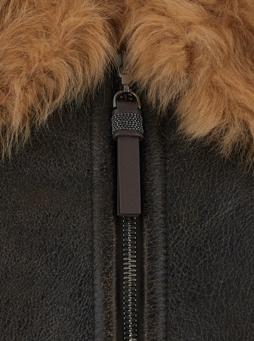 Brunello Cucinelli Women Brown Jacket With Fur Collar And Monil Zipper Pull In Leather For Women