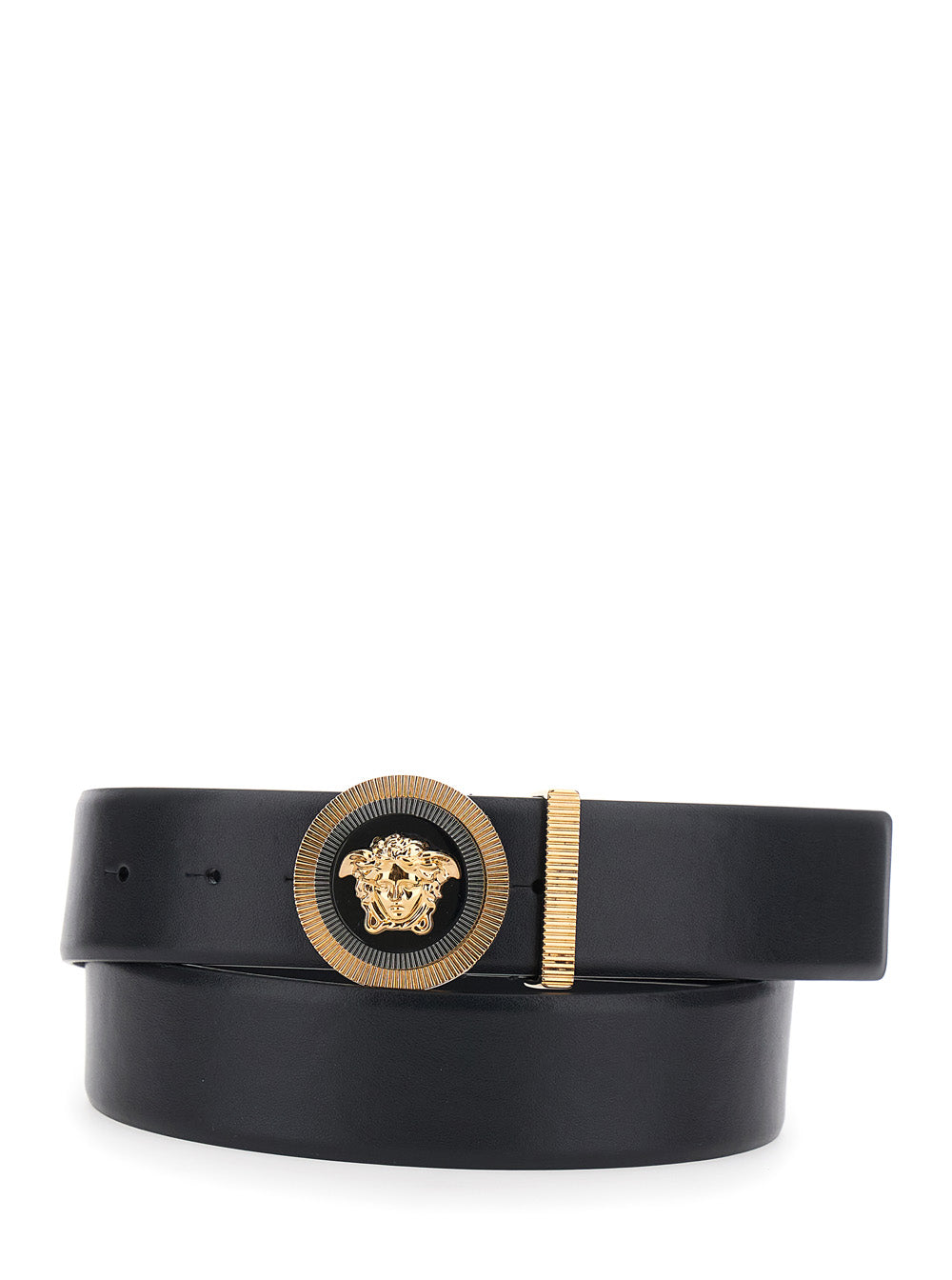 Versace Men Black Belt With Medusa Buckle And Metal Loop In Leather For Men