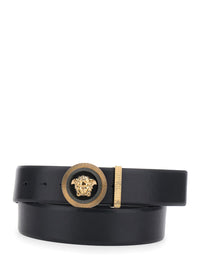 Versace Men Black Belt With Medusa Buckle And Metal Loop In Leather For Men