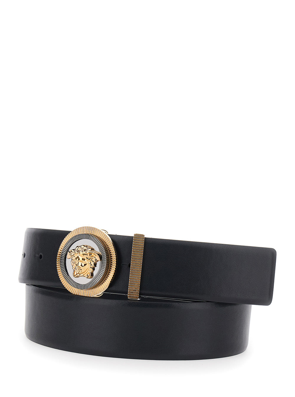 Versace Men Black Belt With Medusa Buckle And Metal Loop In Leather For Men