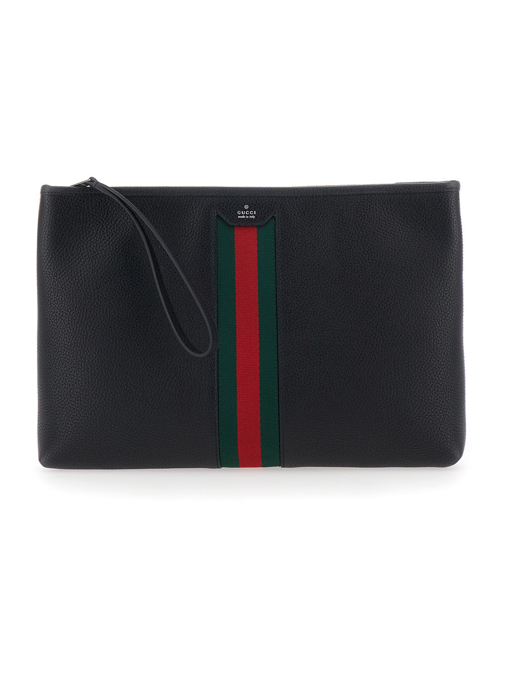 Gucci Men Black Pouch With Wrist Strap And Web Detail In Leather For Men