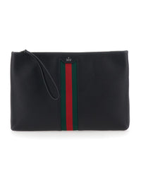 Gucci Men Black Pouch With Wrist Strap And Web Detail In Leather For Men