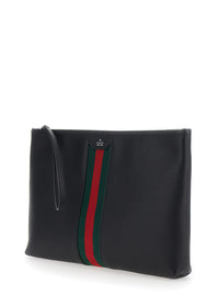 Gucci Men Black Pouch With Wrist Strap And Web Detail In Leather For Men