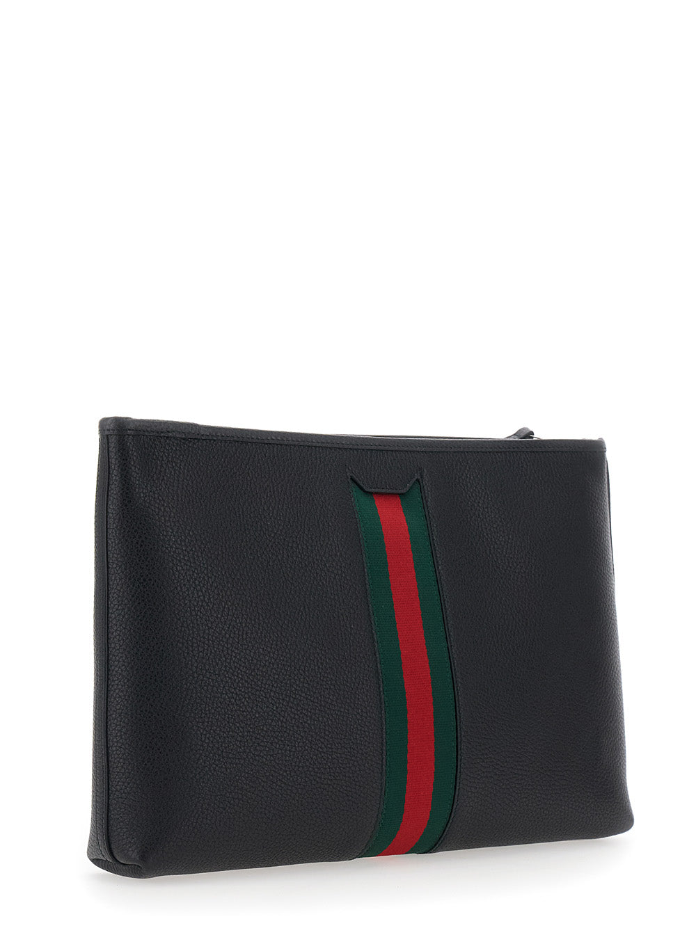 Gucci Men Black Pouch With Wrist Strap And Web Detail In Leather For Men